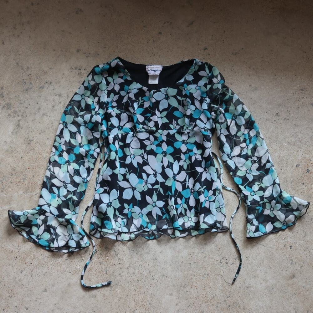 Y2K Hipgirl by Wrapper Sheer Floral Bell Sleeve Tie Front Top XL